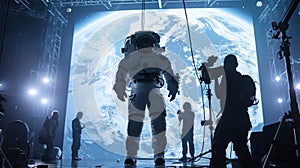 Moment on film set designed to simulate space environment. Actor in astronaut costume against large screen displaying