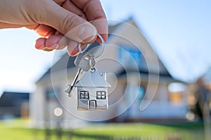 Hand holds a house keychain with residence visible in background photo