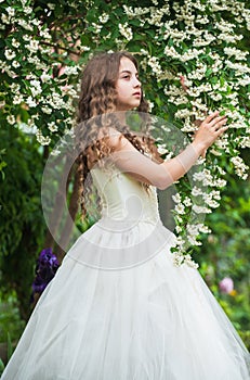 Moment of happiness. female fashion salon. little beauty in blossoming garden. park jasmine flower. beautiful prom queen