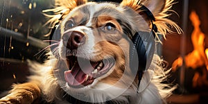 A Moment of Pure Joy A photo of a dog listening to music through headphones symbolizing the power of music to bring joy to animals