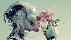 Moment of tenderness as a robot adorns human hair with a flower, blurring lines between artificial and natural. Robotic