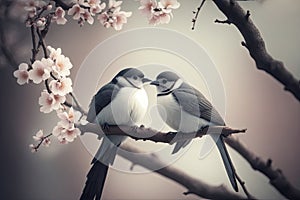 Moment of tenderness between a pair of birds sitting on branch on the blurred background with copy space.