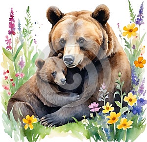 Momma bear cuddling her cub on a bed of wildflowers. Mother\'s Day clipart.