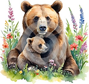 Momma bear cuddling her cub on a bed of wildflowers. Mother\'s Day clipart.