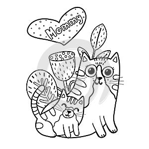 Mommy cat with her baby kitten coloring page. Black and white greeting card for Mother Day