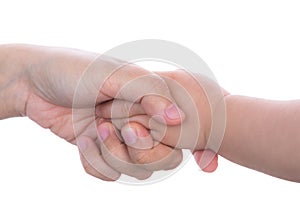 Mommy and her child hand isolated on white