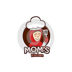 Mommy mom kitchen logo with female Muslim mother mascot character illustration holding spatula wears hijab