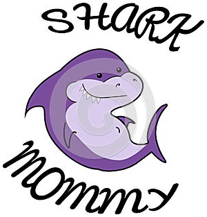 Mommy Shark cartoon sea animal violet shark on a white background. Baby shower cute character for printing on clothes or