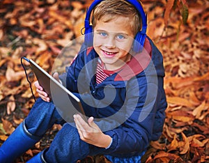 Mommy told me to play outside. High angle portrait of an adorable little boy using a tablet while sitting outdoors