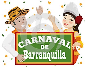 Momo King and Barranquilla`s Carnival Queen Celebrating Battle of Flowers, Vector Illustration photo