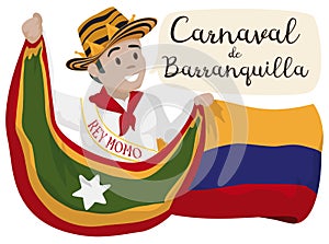 Momo King Celebrating Barranquilla`s Carnival with Colombia and Barranquilla Flags, Vector Illustration