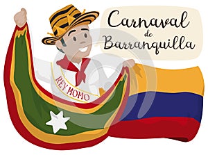 Momo King Celebrating Barranquilla`s Carnival with Colombia and Barranquilla Flags, Vector Illustration photo