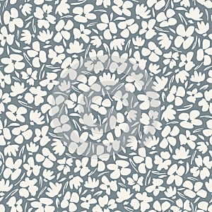 Momochrome graphic ditsy gestural blooms and foliage on grey background vector seamless pattern. Floral Texture