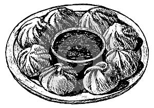Momos - Nepal dumplings. Realistic sketch illustration. Chinese food. Design for flyer, restaurant menu etc. Vector artwork