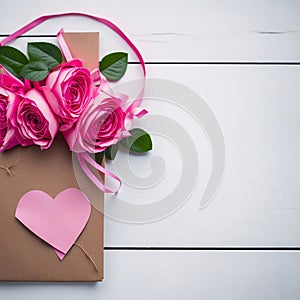 Moms Day or Valentines Day Present with Pink Roses, Ribbons and Hearts on a Minimalist Background