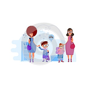 Moms lead children to school concept illustration on interior background. Metaphor - Back to School