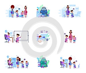 Moms lead children to school concept illustration on interior background. Metaphor - Back to School