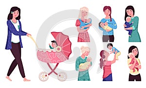 Moms with newborn babies. Happy motherhood collection, mothers hold little children, baby stroller, women with daughters