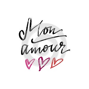 Mon Amour lettering card and hand drawn hearts illustration
