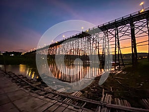 Mon Bridge, old wooden bridge at sunset in Sangkhlaburi, Kanchanaburi, Thailand