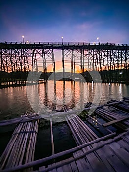 Mon Bridge, old wooden bridge at sunset in Sangkhlaburi, Kanchanaburi, Thailand