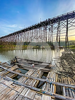 Mon Bridge, old wooden bridge at sunset in Sangkhlaburi, Kanchanaburi, Thailand