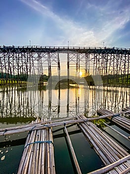 Mon Bridge, old wooden bridge at sunset in Sangkhlaburi, Kanchanaburi, Thailand