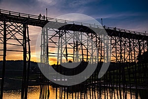 Mon Bridge, old wooden bridge at sunset in Sangkhlaburi, Kanchanaburi, Thailand
