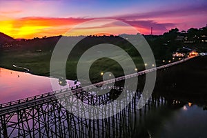 Mon Bridge, old wooden bridge at sunset in Sangkhlaburi, Kanchanaburi, Thailand