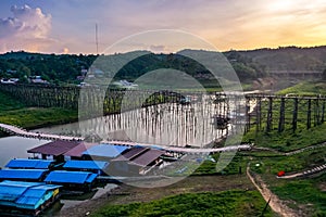 Mon Bridge, old wooden bridge at sunset in Sangkhlaburi, Kanchanaburi, Thailand