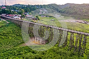 Mon Bridge, old wooden bridge at sunset in Sangkhlaburi, Kanchanaburi, Thailand