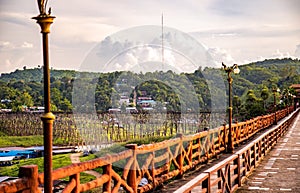 Mon Bridge, old wooden bridge at sunset in Sangkhlaburi, Kanchanaburi, Thailand