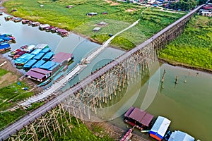 Mon Bridge, old wooden bridge at sunset in Sangkhlaburi, Kanchanaburi, Thailand