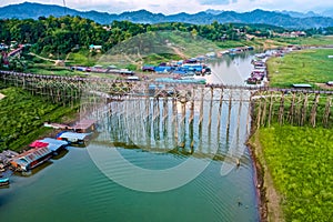 Mon Bridge, old wooden bridge at sunset in Sangkhlaburi, Kanchanaburi, Thailand