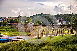 Mon Bridge, old wooden bridge at sunset in Sangkhlaburi, Kanchanaburi, Thailand