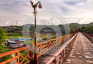 Mon Bridge, old wooden bridge at sunset in Sangkhlaburi, Kanchanaburi, Thailand