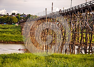 Mon Bridge, old wooden bridge at sunset in Sangkhlaburi, Kanchanaburi, Thailand