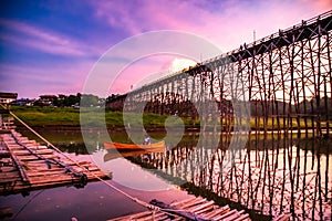 Mon Bridge, old wooden bridge at sunset in Sangkhlaburi, Kanchanaburi, Thailand