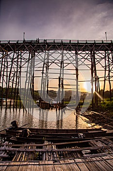 Mon Bridge, old wooden bridge at sunset in Sangkhlaburi, Kanchanaburi, Thailand