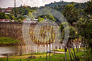 Mon Bridge, old wooden bridge at sunset in Sangkhlaburi, Kanchanaburi, Thailand