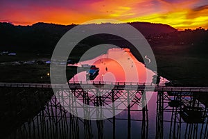 Mon Bridge, old wooden bridge at sunset in Sangkhlaburi, Kanchanaburi, Thailand