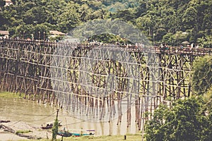 Mon bridgeUttama Nusorn Bridge in Sangkhlaburi district,Kanchanaburi province,Thailand.Thailandâ€™s longest wooden bridge and the