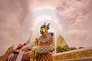 Mon style guard statue at the entrance of Puttakaya chedipagoda,Sangkhlaburi district,Kanchanaburi,Thailand.