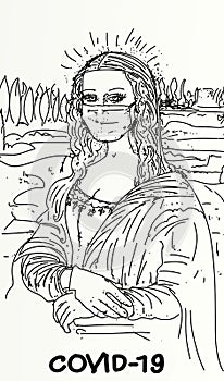 Mona Lisa with  With maschera antibacterial for covid 19 bandana for campaign artistia stop coronvirus, with bandana anti covid 19 photo