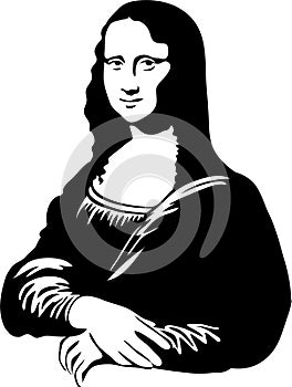 Černá a bílá ilustrace výkladu Da Vinciho tajemné La Gioconda, lépe známý jako Mona Lisa.