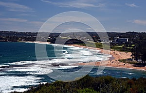 Mona Vale beach and rock pool in a distant panoramic view