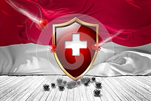 Monaco flag with Metal Shiny red shield. virus protection, hygiene shield. virus Vaccine Protection aganst coronavirus, Health