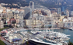 Monaco Grand Prix French riviera, CÃ´te d`Azur, mediterranean coast, Eze, Saint-Tropez, Cannes. Blue water and luxury yachts.