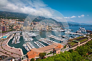 Monaco harbor landscape. Port Hercule with boats, yachts and cruise ship.