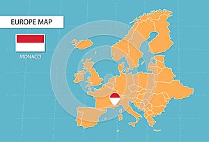 Monaco map in Europe, icons showing Monaco location and flags